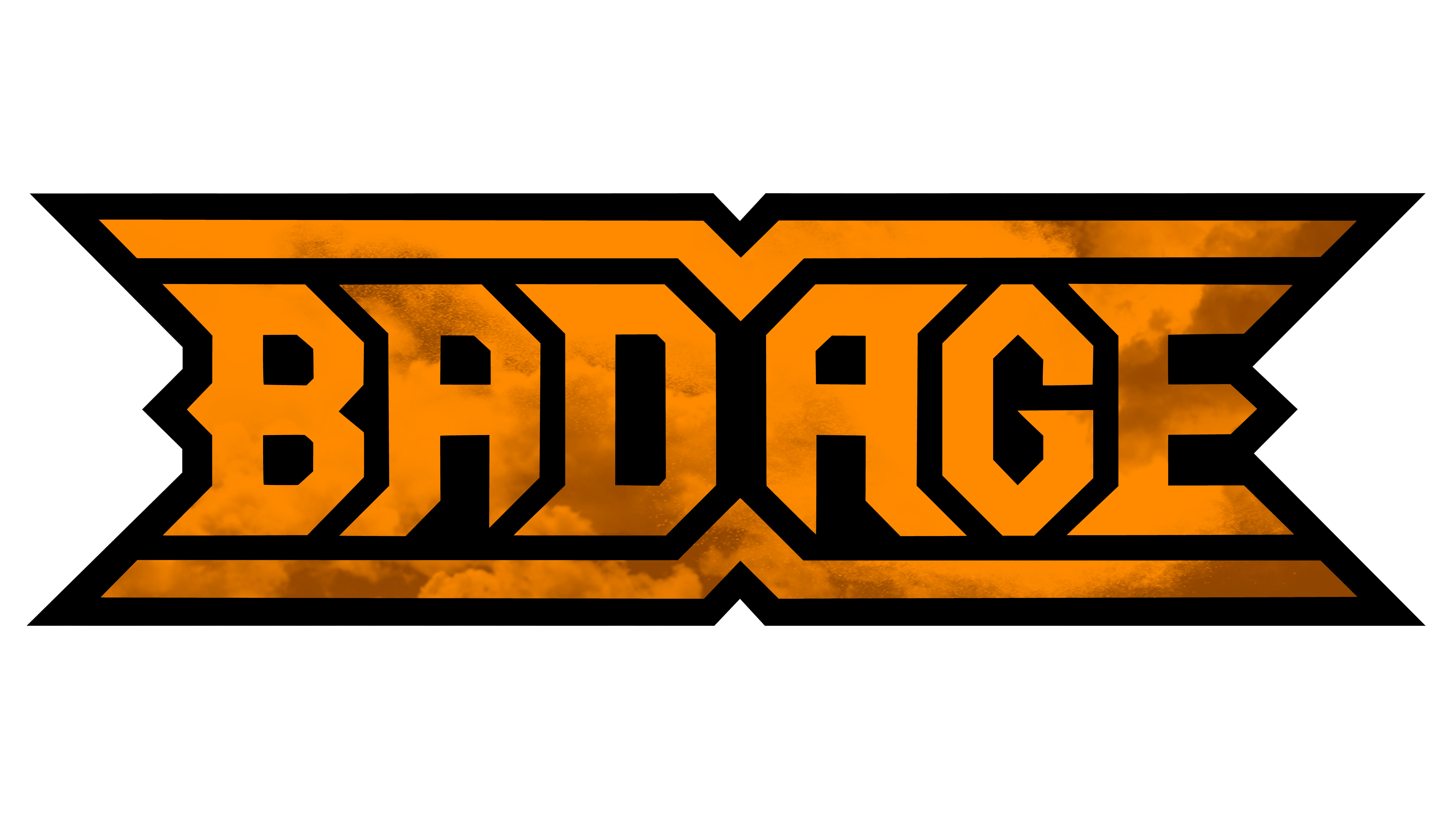 Bad Age band logo.
"Bad Age" in thick orange letters framed at the top and bottom by a thick orange line that points downwards and upwards between the two words.
Black background and white border. In the orange you can see hints of smoke.