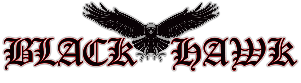 Logo der Band Black Hawk. Der Schriftzug "Black Hawk" in old englisch letters in schwarz mit roter Umrandung. Zwischen den beiden Wörtern ist ein schwarzer Falke mit ausgebreiteten Flügeln.
