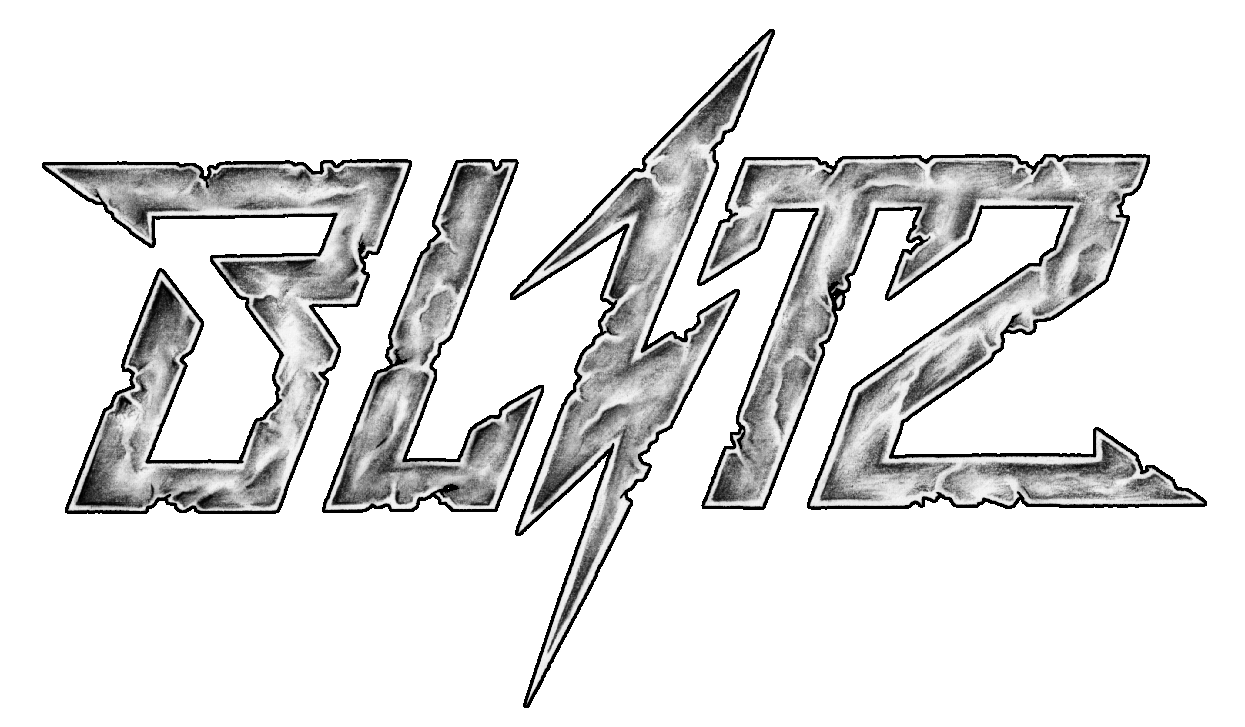 Bandlogo von Blitz.
Blitz in eckigen Großbuchstaben, das I ist ein zackiger Blitz.
Das Logo hat Grauschattierungen wie Steine, aus den Buchstaben sind Teile rausgebrochen und es zeichnen sich Risse ab.