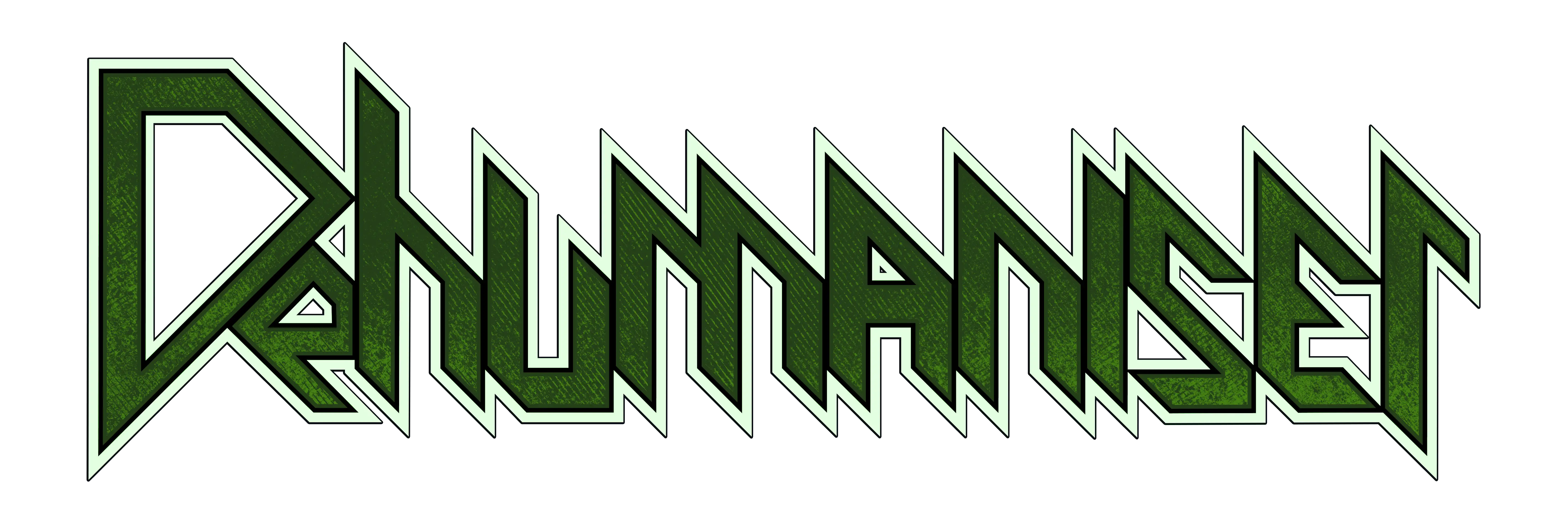 Dehumaniser Logo. Lettering in green with pointy letters.