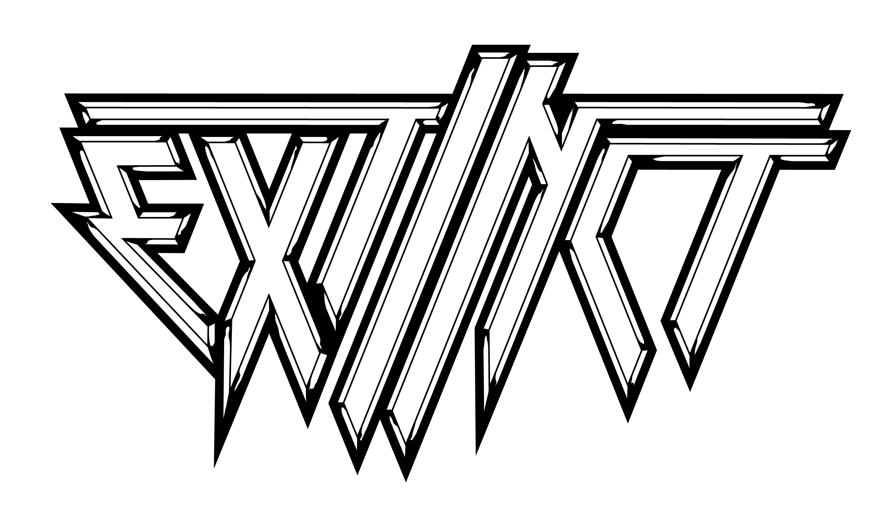 Bandlogo from Extinct.
The bandname in white, angular letters with black edging and shadows so it looks like 3D.