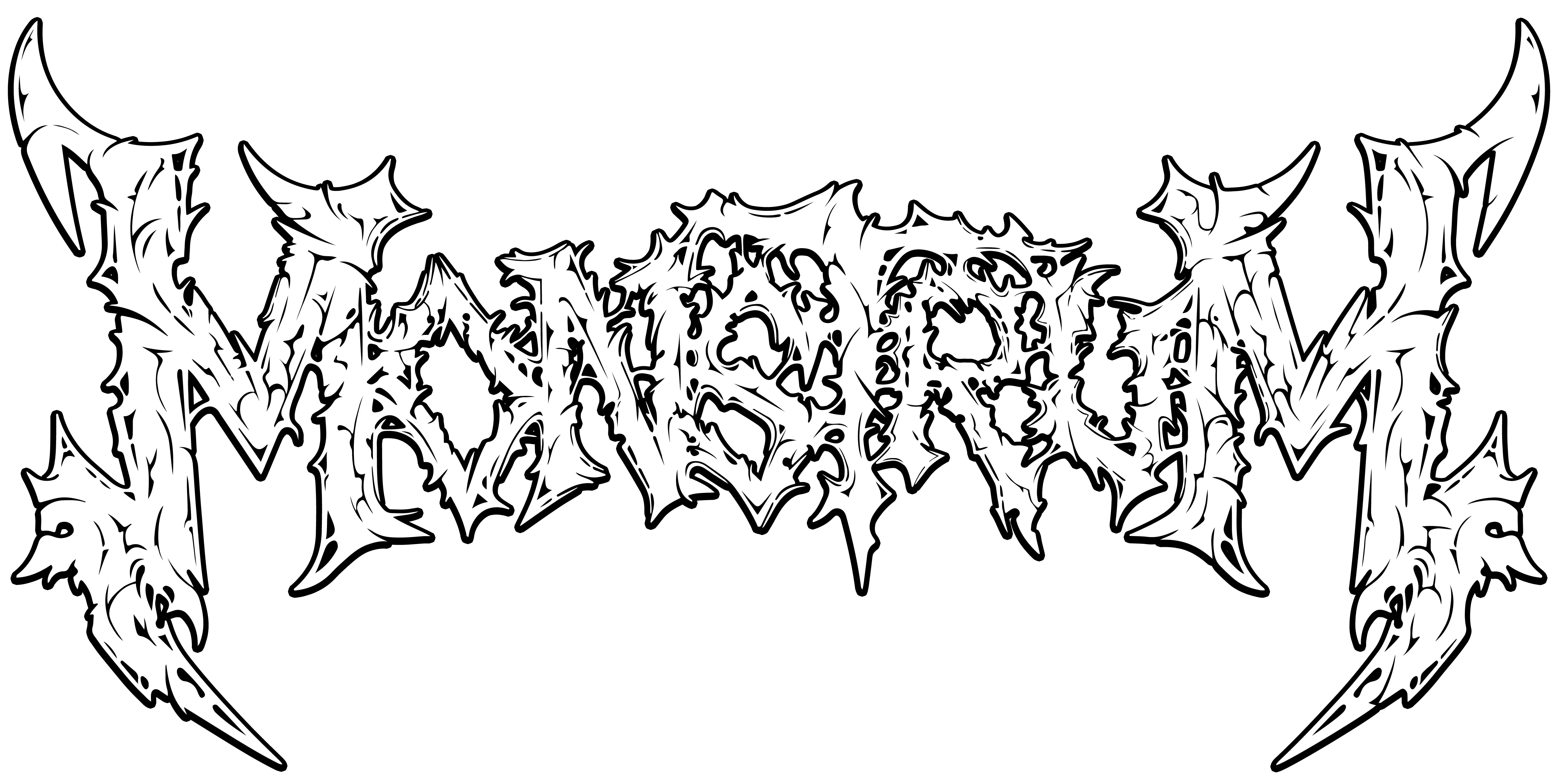 Bandlogo von Monstrum.
Das Logo ist weiß mit schwarzer Umrandung und schwarzen Details. Die Schrift ist wirr, stachelig und verbunden. Monstrum steht in Großbuchstaben.