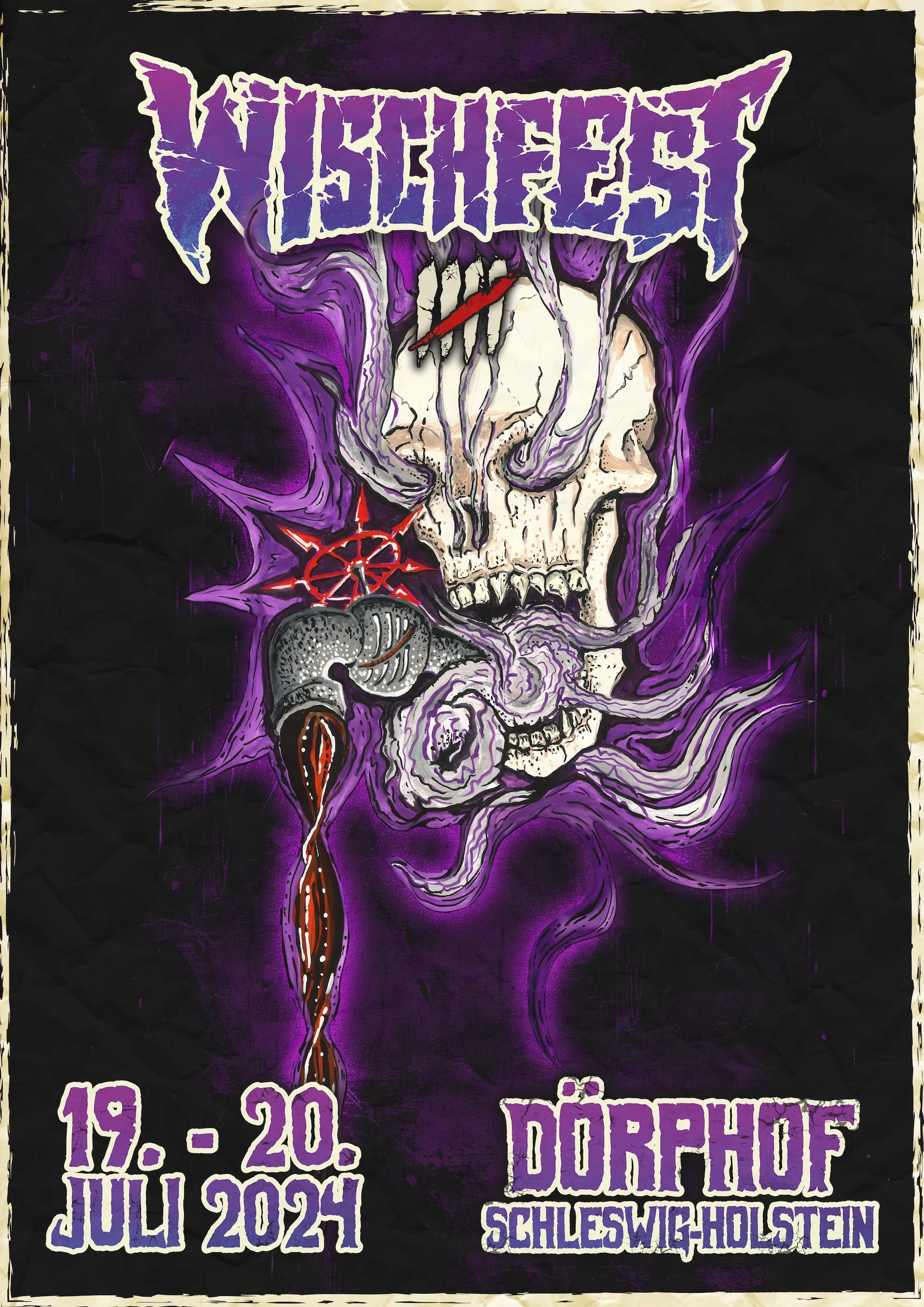 The artwork is a hand drawn and later digitalised human skull. The mouth is wide open and out of it sticks a tap. Out of it flows a red/dark red/violetish liquid. Out of the eyeholes and the mouth are coming grey and violet clouds. The skull is underlayed with violet flames. On the top it says "Wischfest 5". And on the bottom stands the date "19.-20. July" and the place "Dörphof, Schleswig-Holstein". The font is also violet/blueish.