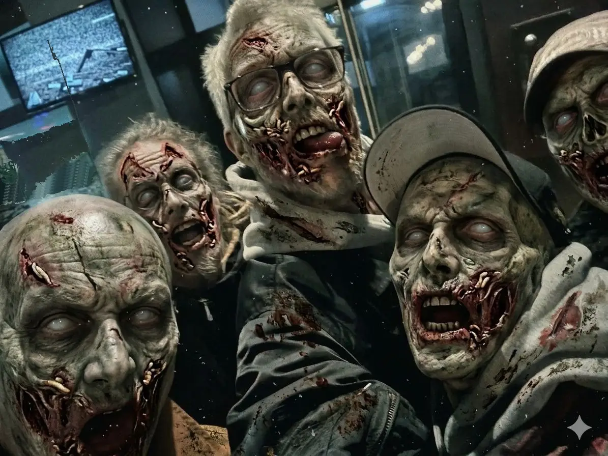 Fünf Männer versuchen ins Bild für ein Selfie zu kommen.
Mit künstlicher Intelligenz haben sie sich zu Zombies gemacht.
Ihre Kleidung mit Blut verschmiert, die Gesichter eingefallen mit fahler, grünlicher und mit Wunden überzogener Haut. Die Augen weiß und die rissigen Münder geöffnet.
Einer trägt eine Brille. Zwei andere eine Cap und einem davon fehlt die Nase.