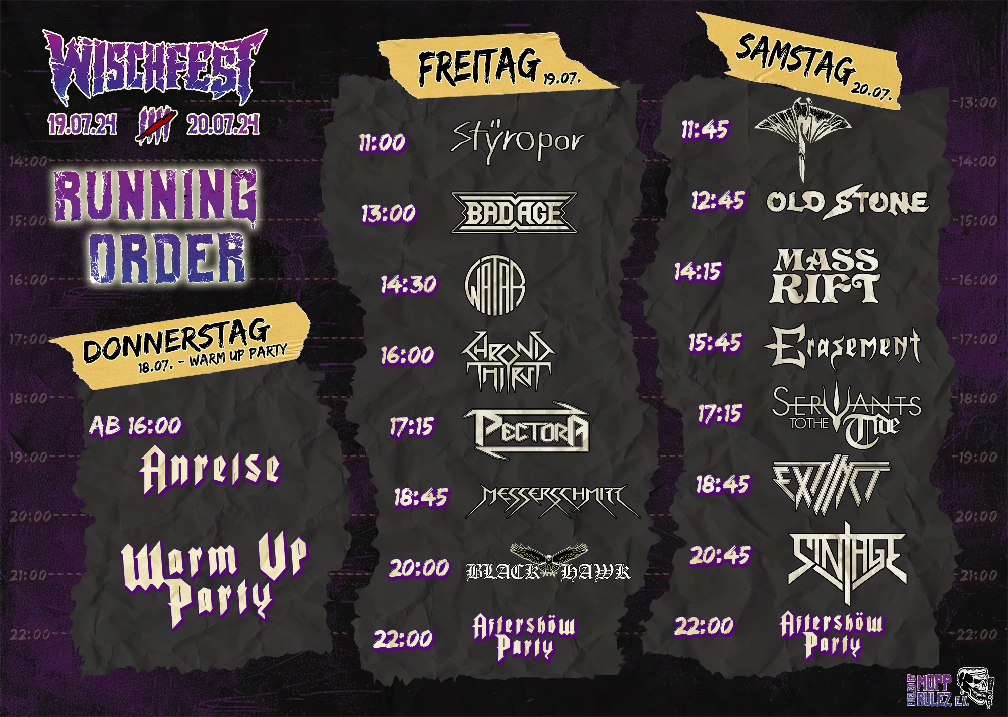 Running Order mit Spielzeiten der Bands fürs Wischfest 2024.