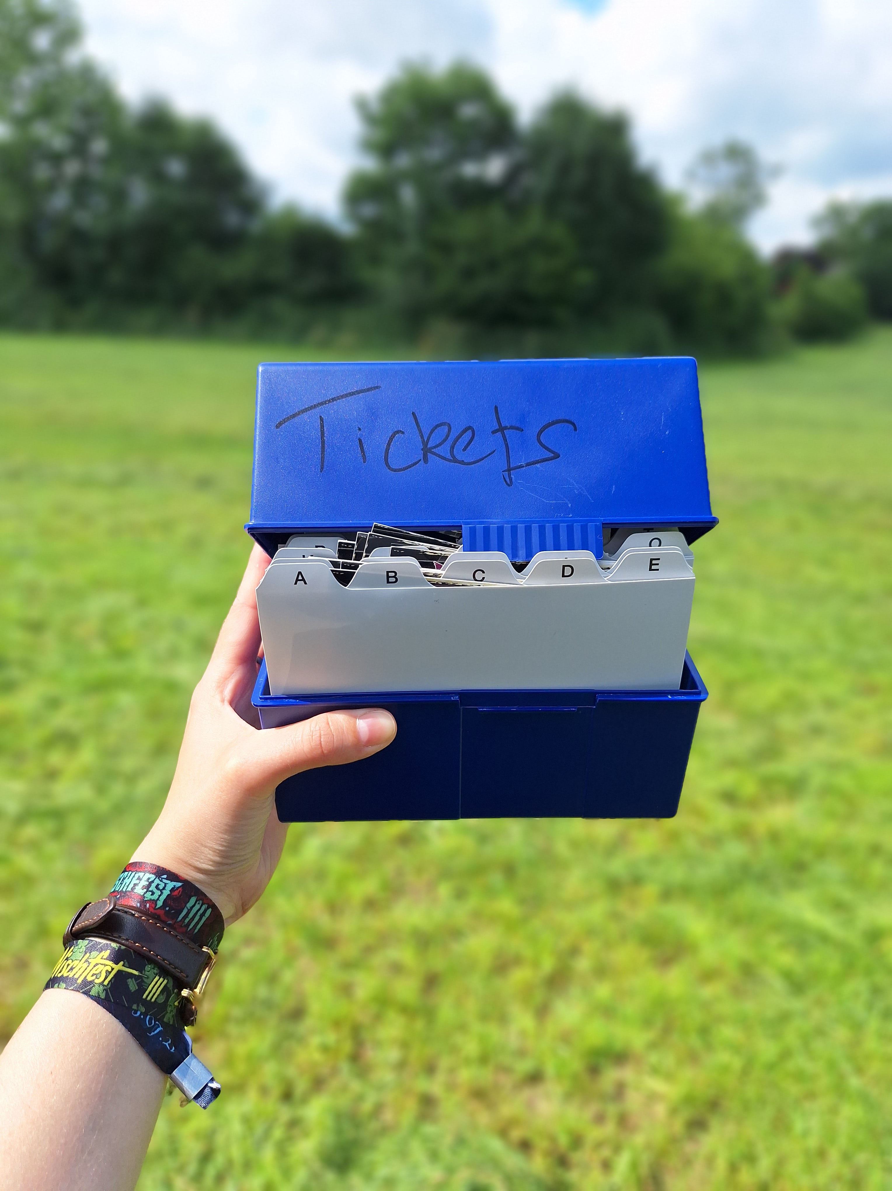 Eine Hand mit Wischfest Festivalbänchen am Handgelenk hält eine Karteibox gefüllt mit Wischfest-Tickts.
Im Hintergrund die Koppel, Bäume und blauer Himmel.