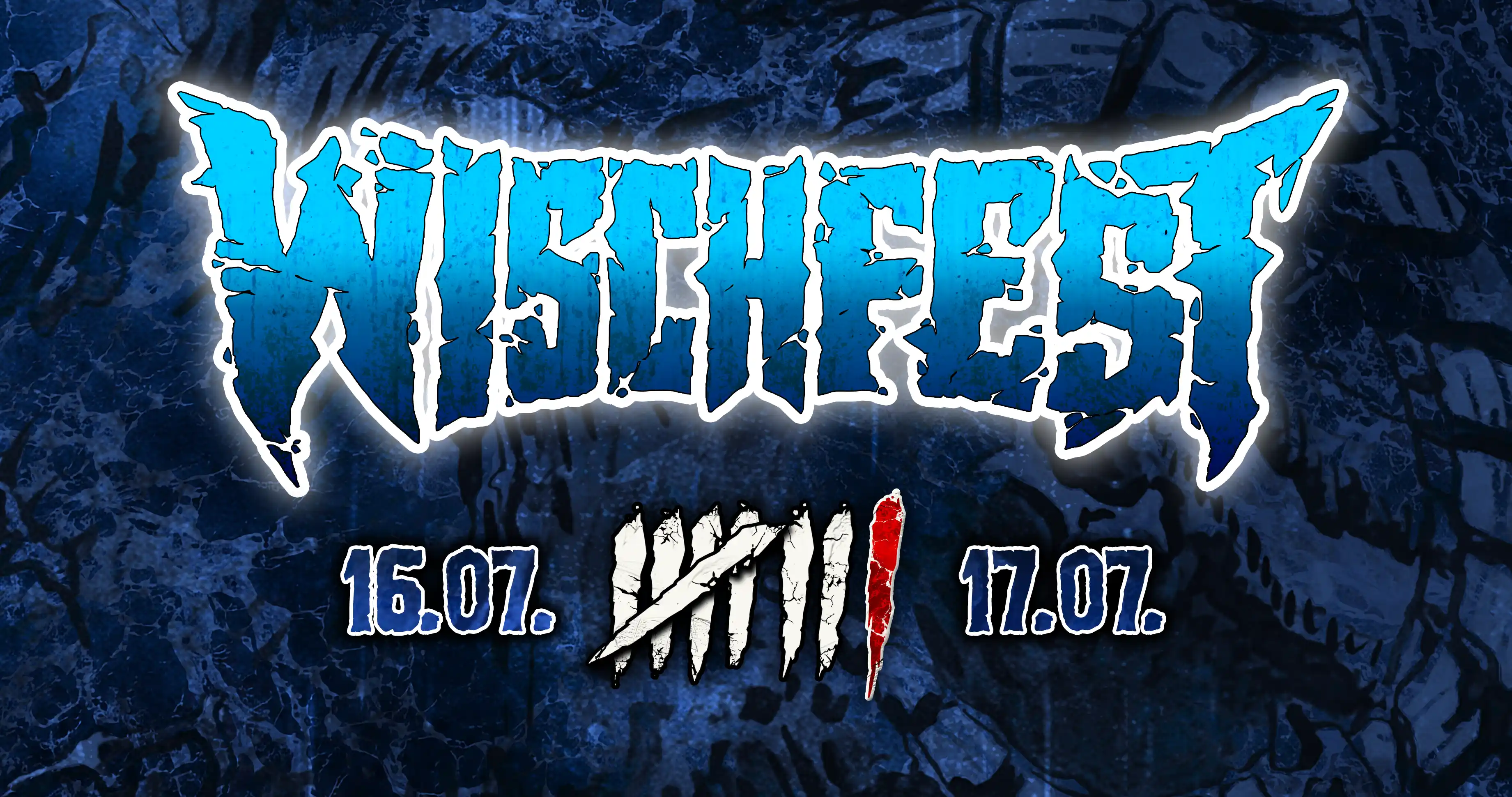 Der Wischfest Schriftzug in der neuen Farbe blau.
Darunter die Daten 16.07. und 17.07. zwischen den Daten 7 Weise Kratzer, der 8. ist rot.