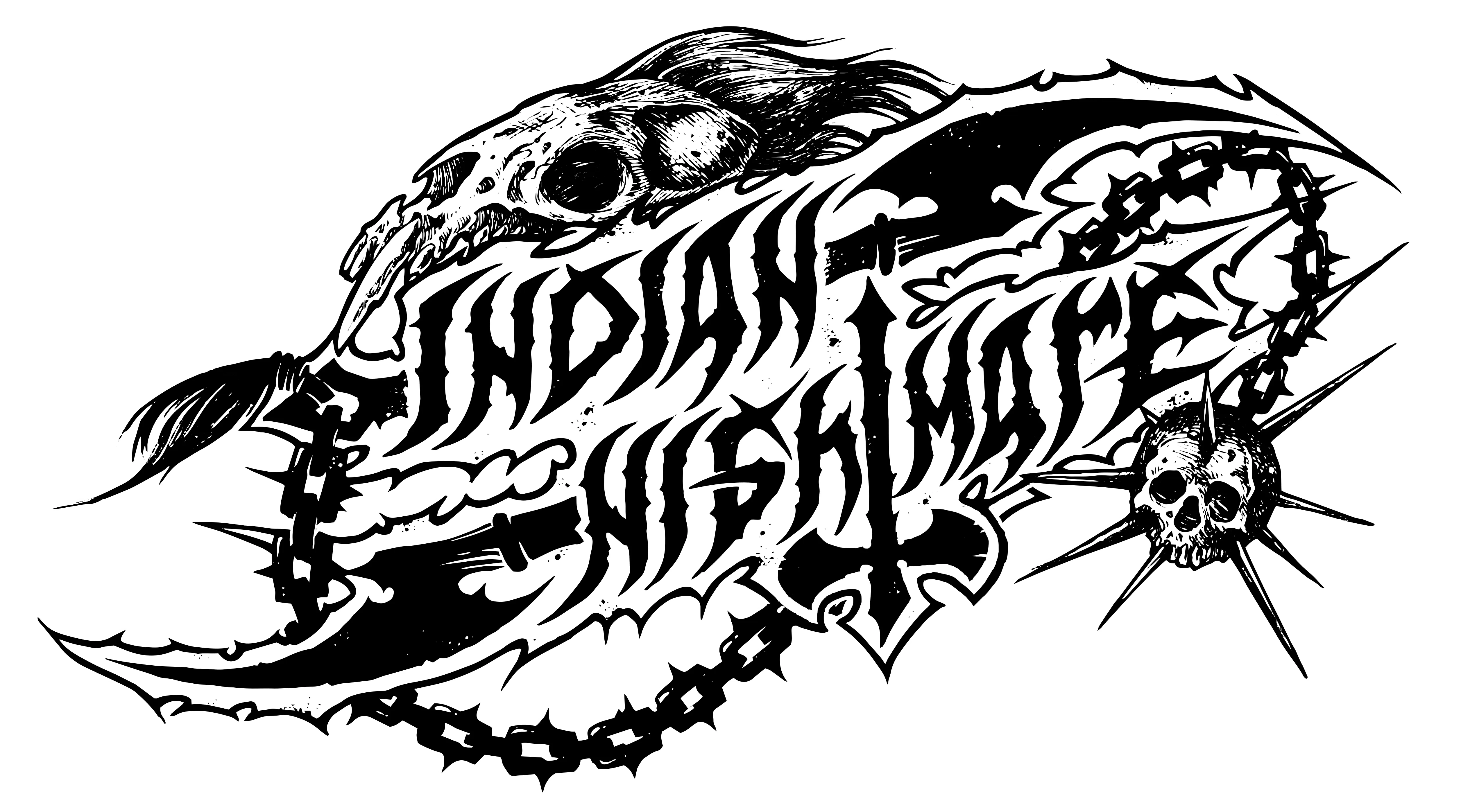 Indian Nightmare Logo with Skulls, chains and axes.
Black/white
